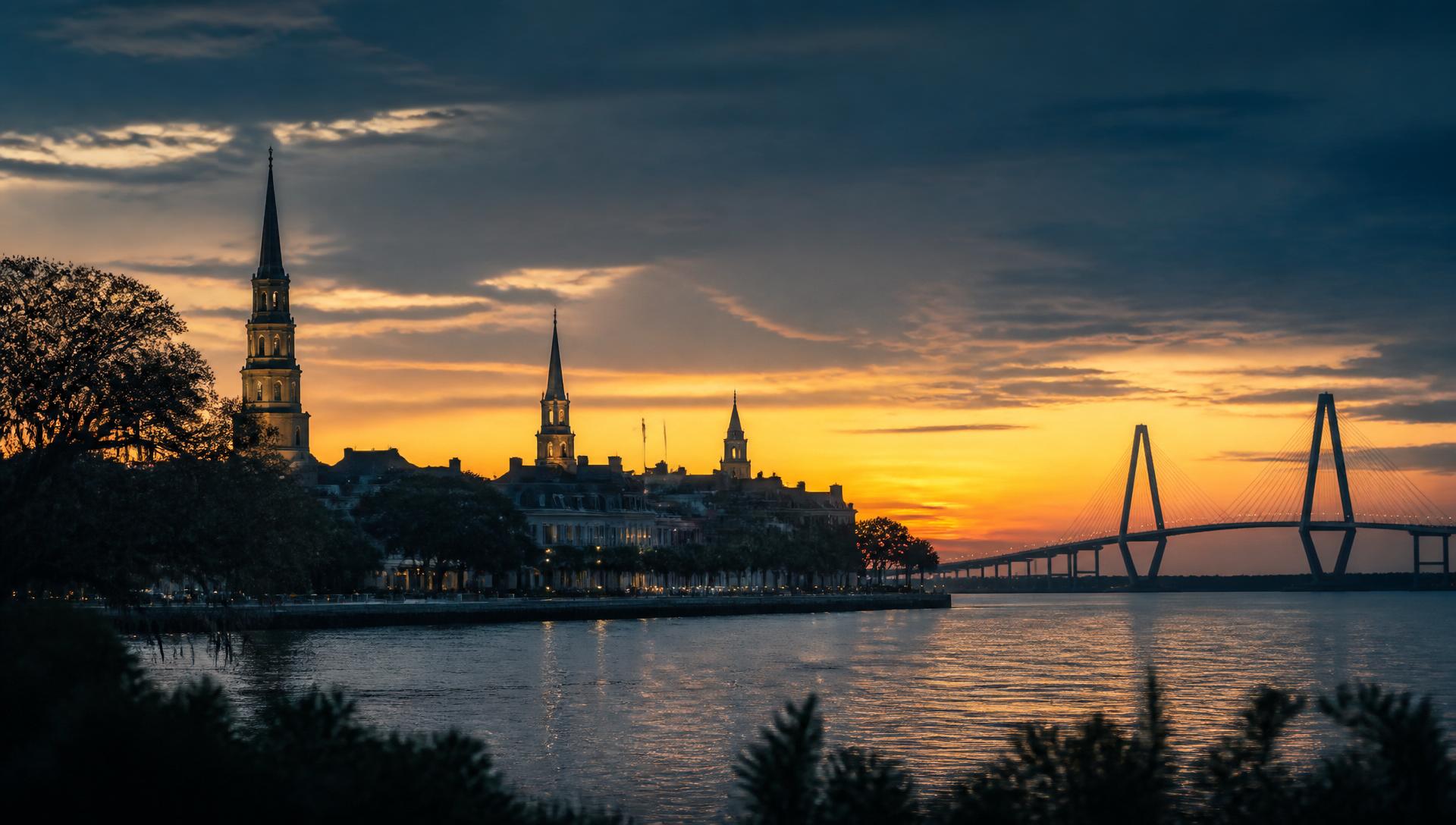 Charleston skyline at sunset with church steeples and the Ravenel Bridge